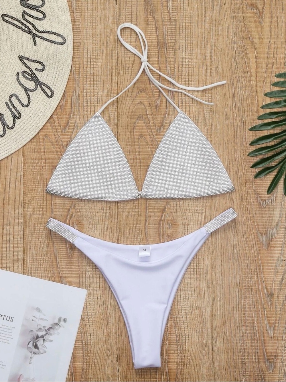 NWOT Gigi’s Zone Rhinestone Trim White Triangle Bikini Set